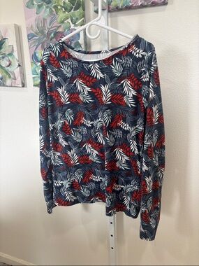 Hang Ten Navy Leaf-Print Long Sleeve Top with Red & White Accents UV Protection